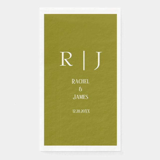 Olive Green Monogram Name Modern Elegant Wedding Napkin (Front)