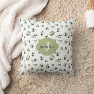 Olive Green Monogram Name Watercolor Chic Pattern Cushion