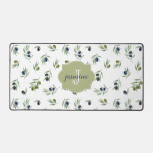 Olive Green Monogram Name Watercolor Chic Pattern Desk Mat