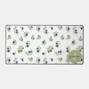 Olive Green Monogram Name Watercolor Chic Pattern Desk Mat