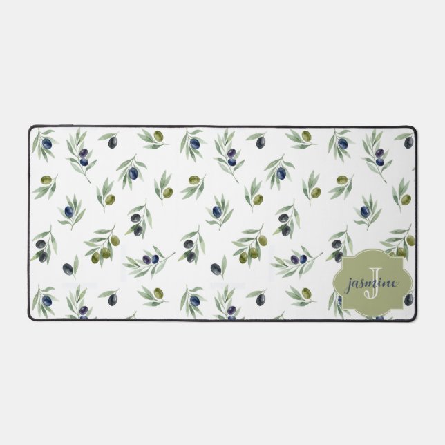 Olive Green Monogram Name Watercolor Chic Pattern Desk Mat (Front)