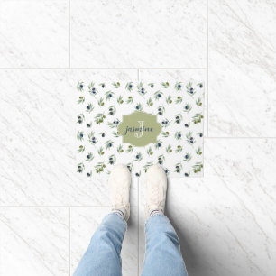 Olive Green Monogram Name Watercolor Chic Pattern Doormat