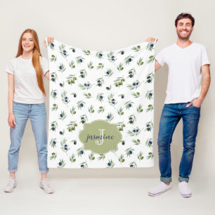 Olive Green Monogram Name Watercolor Chic Pattern Fleece Blanket