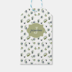 Olive Green Monogram Name Watercolor Chic Pattern Gift Tags