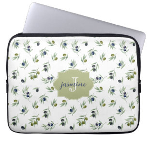 Olive Green Monogram Name Watercolor Chic Pattern Laptop Sleeve
