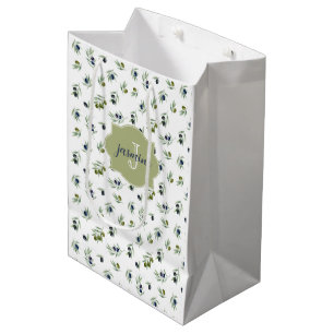 Olive Green Monogram Name Watercolor Chic Pattern Medium Gift Bag