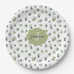 Olive Green Monogram Name Watercolor Chic Pattern Paper Plate