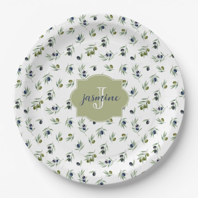 Olive Green Monogram Name Watercolor Chic Pattern Paper Plate (Front)