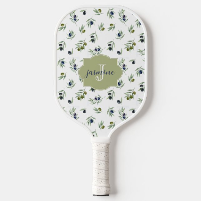 Olive Green Monogram Name Watercolor Chic Pattern Pickleball Paddle (Front)