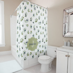 Olive Green Monogram Name Watercolor Chic Pattern Shower Curtain