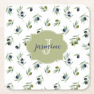 Olive Green Monogram Name Watercolor Chic Pattern Square Paper Coaster