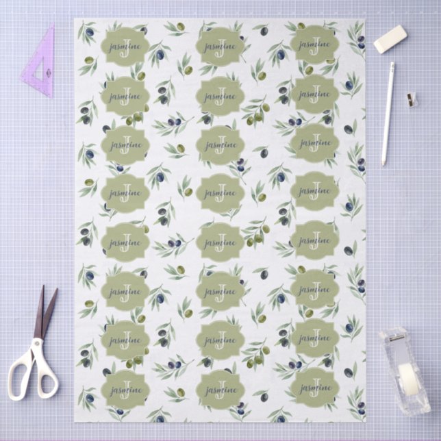 Olive Green Monogram Name Watercolor Chic Pattern Tissue Paper (Craft)