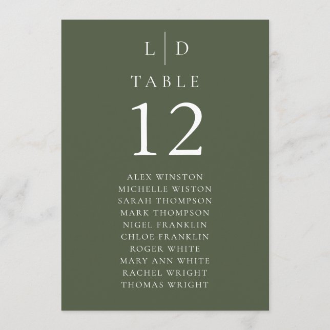 Olive Green Monogram Table Number Seating Chart (Front)