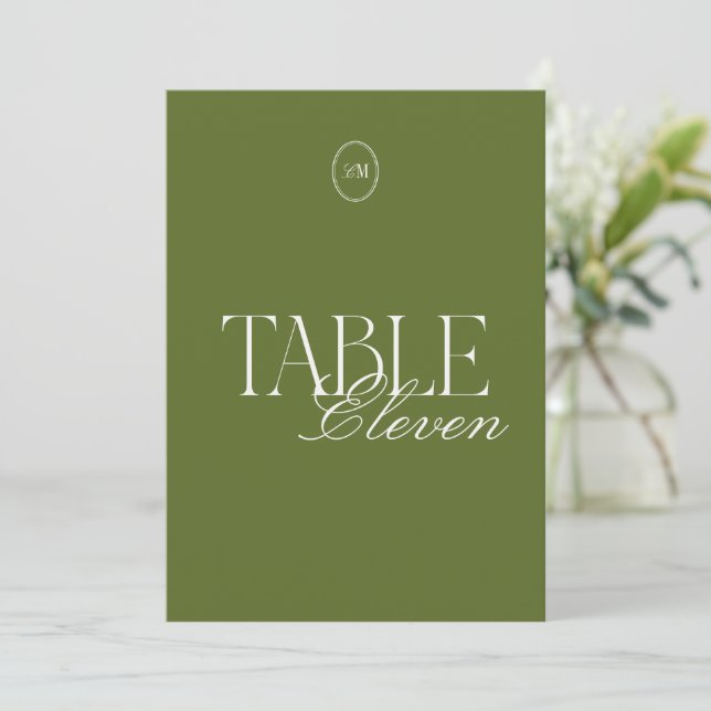 Olive Green Monogram Wedding Table Number Card (Standing Front)
