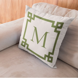 Olive Green Monogrammed Greek Key Border Cushion