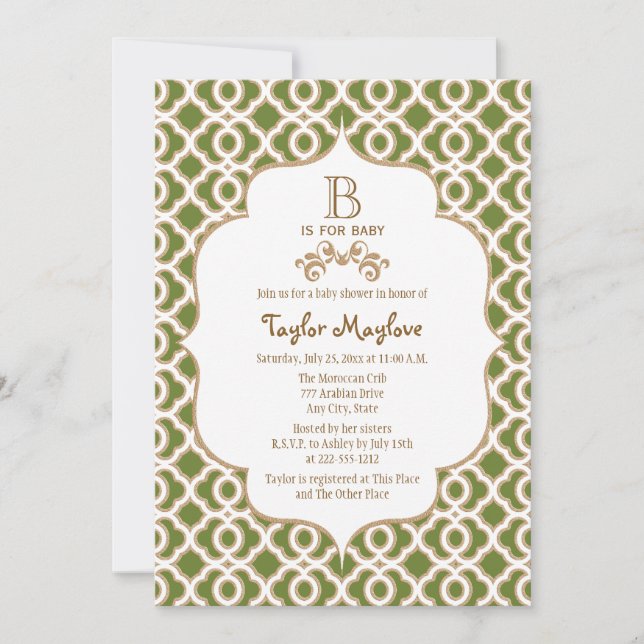 Olive Green Moroccan Gender Neutral Baby Shower Invitation (Front)