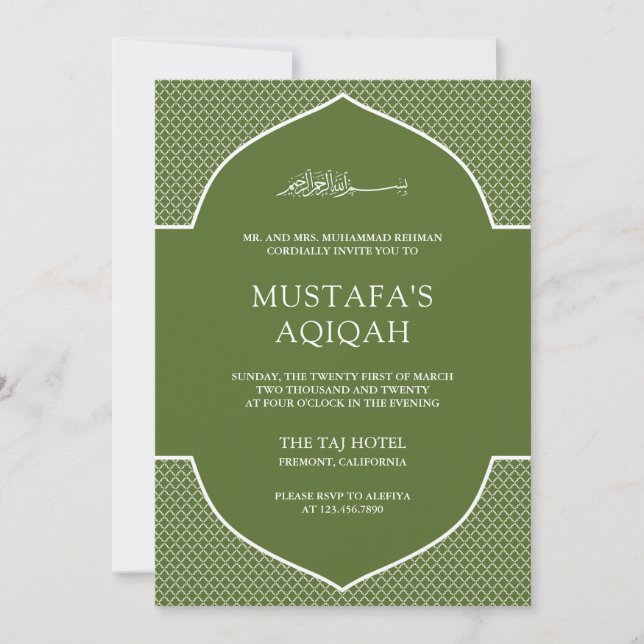 Olive Green Moroccan Islamic Muslim Aqiqah Invitation (Front)