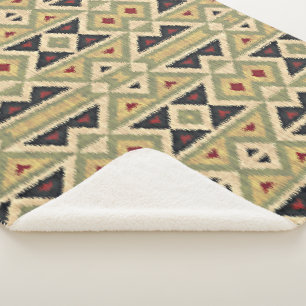 Olive Green Mustard Ochre Yellow Tribal Ikat Art Sherpa Blanket