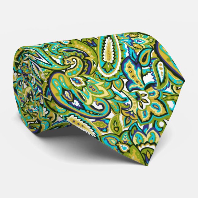 Olive Green Mustard Yellow Turquoise Blue Paisley Tie (Rolled)