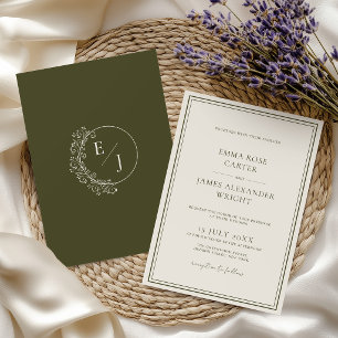 Olive Green Old Money Monogram Wedding Invitation
