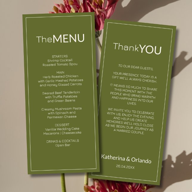 Olive Green Old Money Wedding Menu Thank You Note (Creator Uploaded)