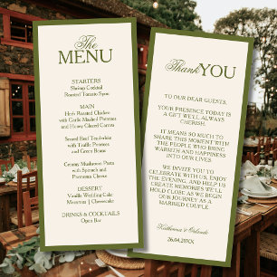 Olive Green Old Money Wedding Menu Thank You Note