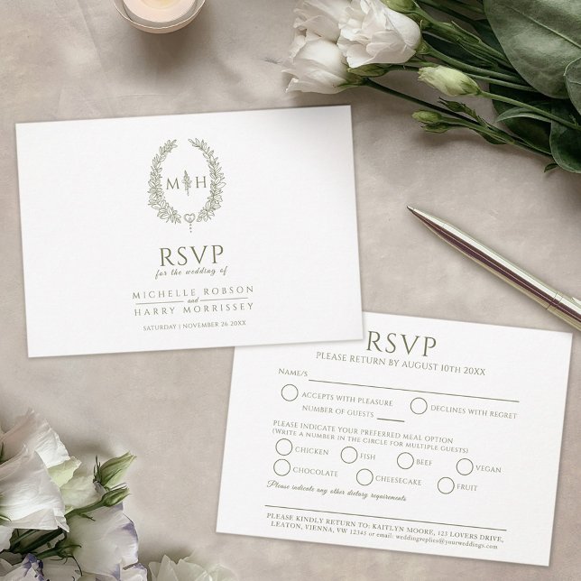 Olive green oval leaf monogram meal RSVP wedding (Creator Uploaded)