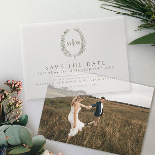 Olive green oval monogram save the date wedding vellum invitations