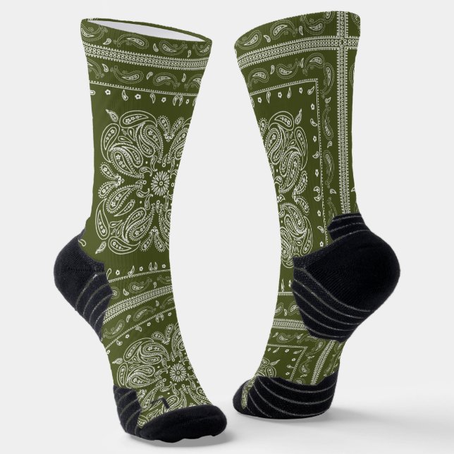 Olive Green Paisley Bandanna Print Socks (Angled)