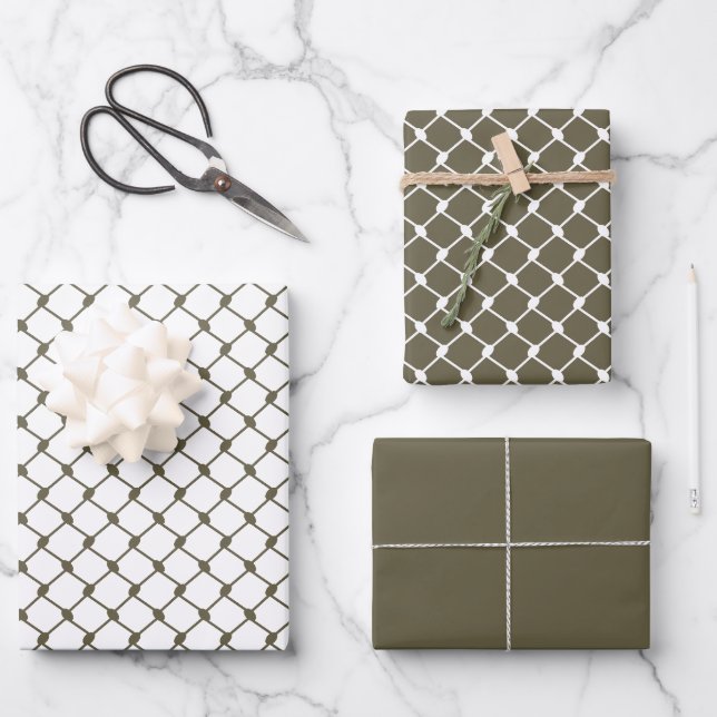 Olive Green Palestinian Keffiyeh Pattern Design Wrapping Paper Sheet (Front)