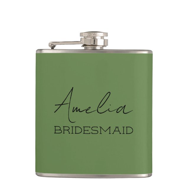 Olive Green Personalised Bridesmaid Hip Flask (Front)