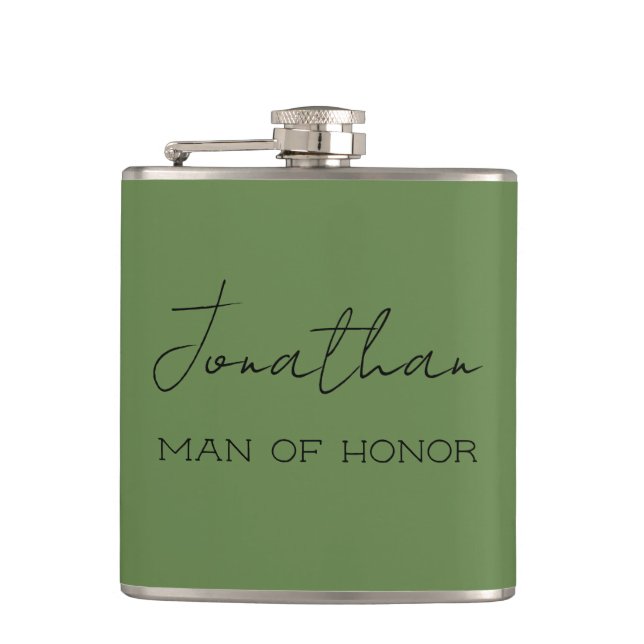 Olive Green Personalised Man of Honour  Hip Flask (Front)
