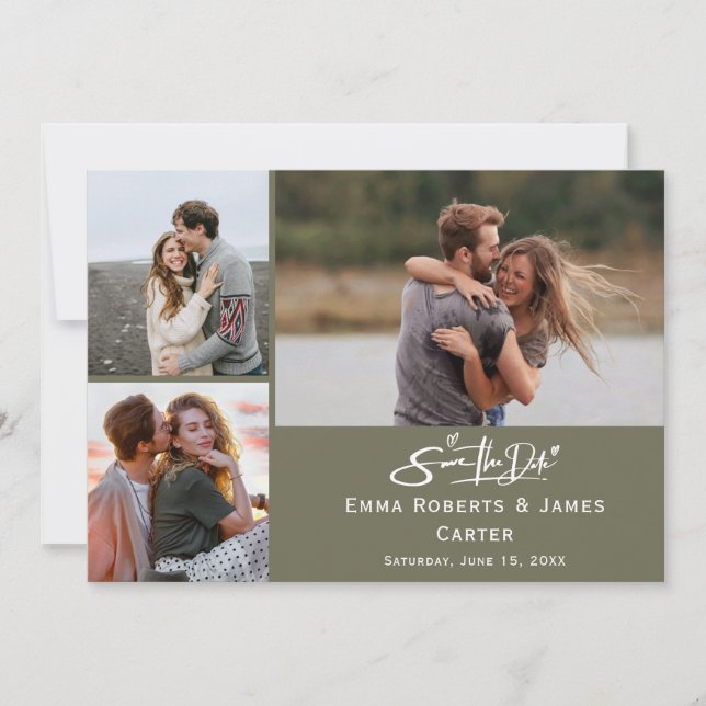 Olive Green Photo Save the Date Card (Front)
