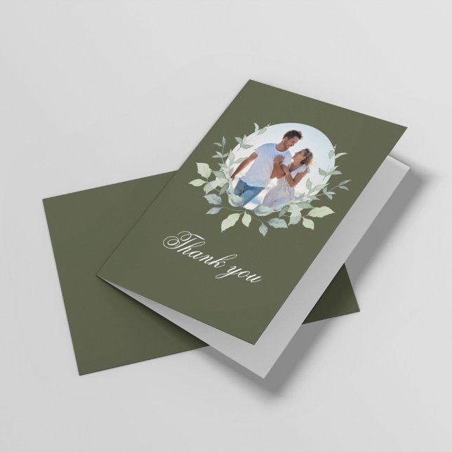 Olive Green Photo Wreath Script Thank You Card (Olive green horizontal wedding thank you card with photo wreath and elegant script)