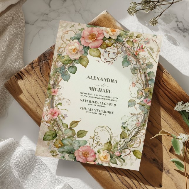 Olive Green Pink Floral Art Nouveau  Wedding  Invitation (Creator Uploaded)
