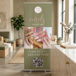 Olive Green Pink Logo QR Code Photo Nail Salon Retractable Banner