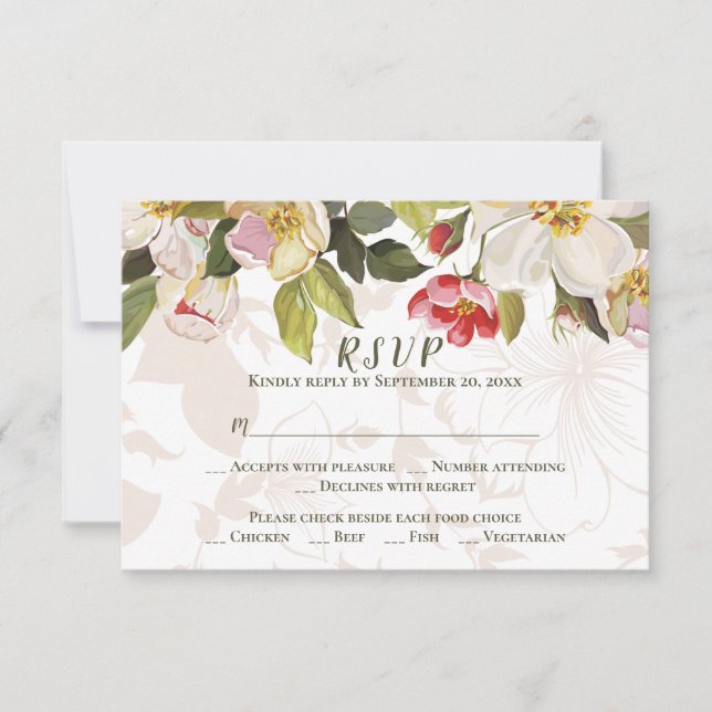 Olive Green Pink Magnolia Flowers Wedding RSVP Card (Front)