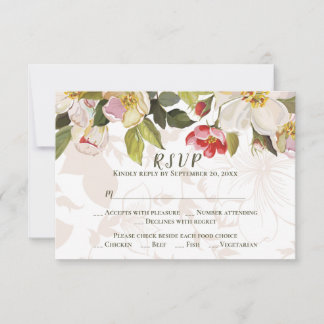 Olive Green Pink Magnolia Flowers Wedding RSVP Card