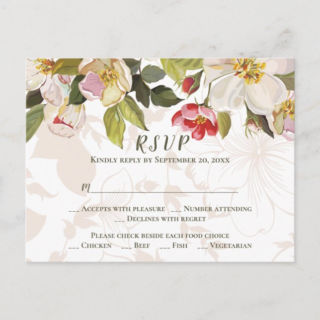 Olive Green Pink Magnolia Flowers Wedding RSVP Postcard (Front)