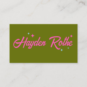 Olive Green Pink Retro Typography Stars Business Card