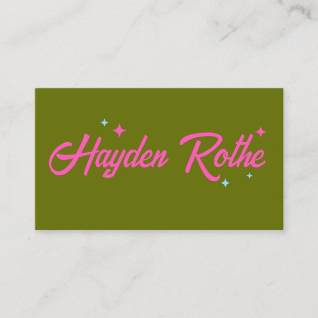 Olive Green Pink Retro Typography Stars Business Card (Front)