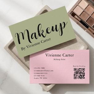 Olive Green Pink Script Makeup Salon QR Code Business Card