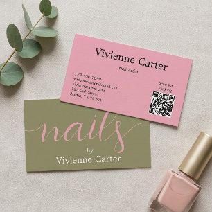 Olive Green Pink Script Nail Artist Business Card