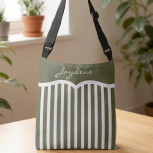 Olive Green Pinstriped Monogram Crossbody Bag
