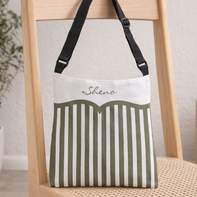 Olive Green Pinstriped Monogram Crossbody Bag (Bold white scallop with sage green stripes and custom name make this bag stand out.)