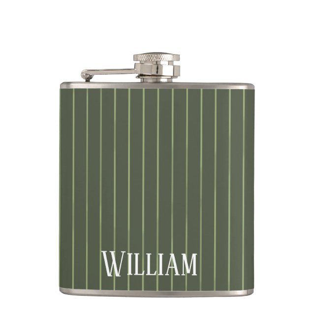 Olive green pinstripes hip flask (Front)