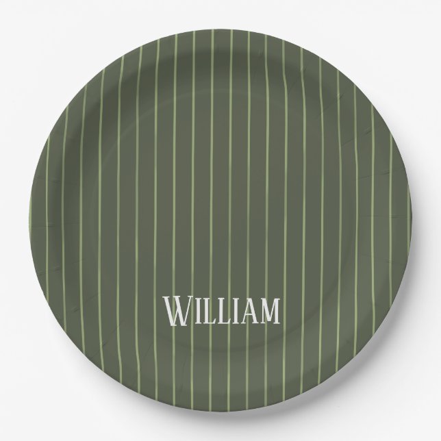 Olive green pinstripes paper plate (Front)
