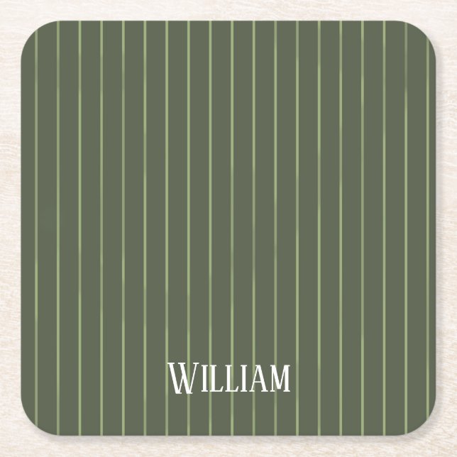 Olive green pinstripes square paper coaster (Front)