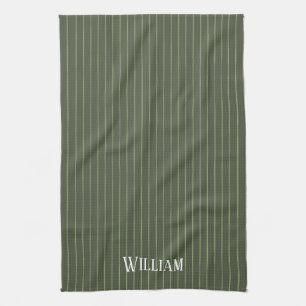 Olive green pinstripes tea towel