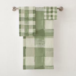 Olive Green Plaid Gingham Chequered Bathroom Bath Towel Set